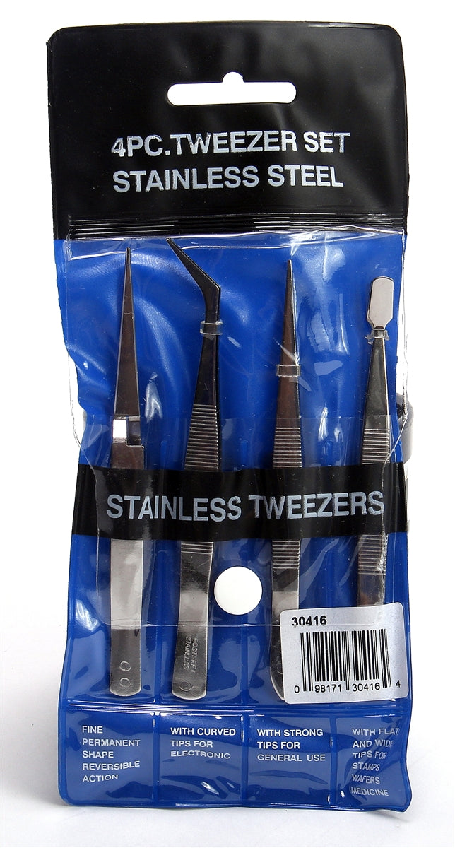 Excel 30416 4-Piece Stainless Steel Tweezers Set