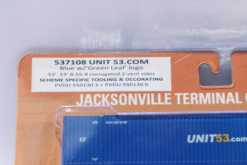 Jacksonville Terminal Company 537108 Unit 53.com "Green Leaf" logo 53' HIGH CUBE 8-55-8 corrugated containers with Magnetic system, Corrugated-side. JTC