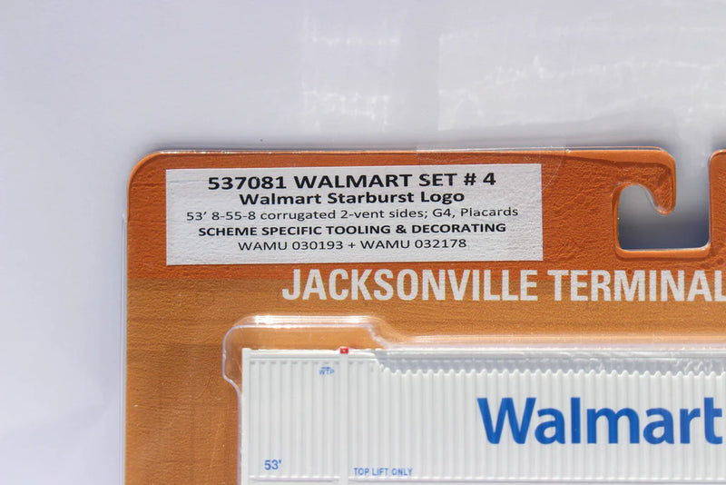 Jacksonville Terminal Company 537081 Walmart (star burst logo) New N Scale 8-55-8 Set #4 Corrugated container with placards. JTC# 537081, N Scale