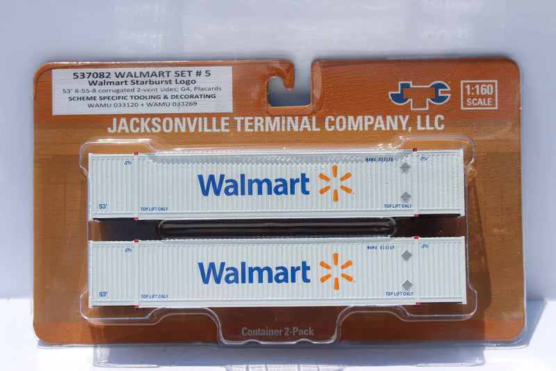 Jacksonville Terminal Company 537082 Walmart (star burst logo) 8-55-8 Set #5 Corrugated 4VI container with placards. JTC# 537082, N Scale