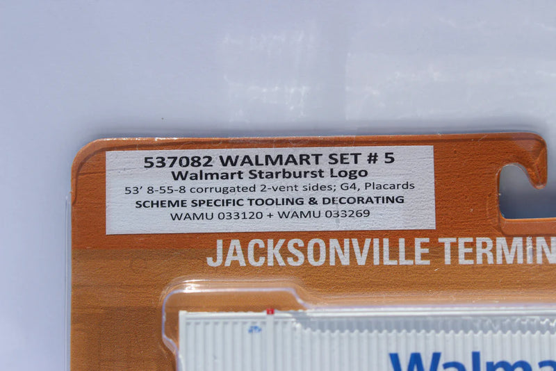 Jacksonville Terminal Company 537082 Walmart (star burst logo) 8-55-8 Set #5 Corrugated 4VI container with placards. JTC# 537082, N Scale