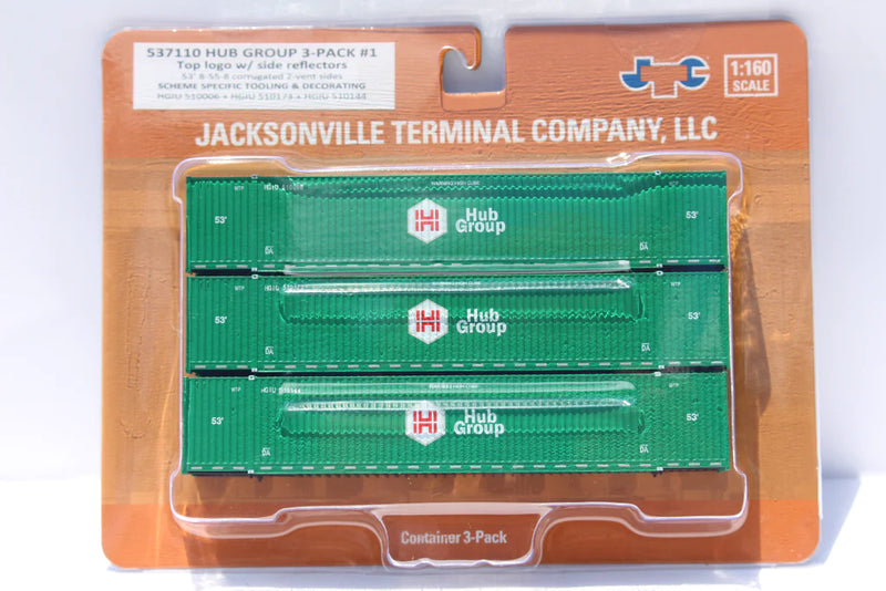 Jacksonville Terminal Company 537110 HUB GROUP with Top Logo 53' HIGH CUBE 8-55-8 (3-pack) Set # 1 corrugated containers with stackable Magnetic system. JTC # 537110, N Scale