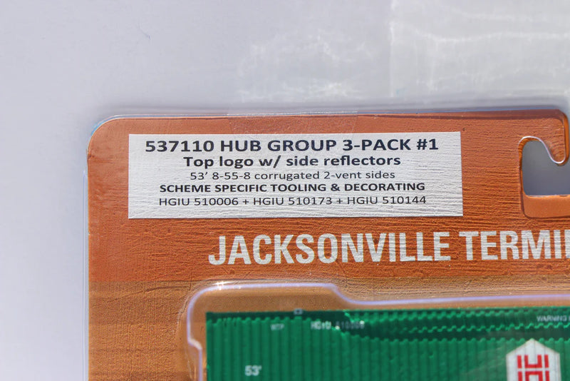 Jacksonville Terminal Company 537110 HUB GROUP with Top Logo 53' HIGH CUBE 8-55-8 (3-pack) Set # 1 corrugated containers with stackable Magnetic system. JTC # 537110, N Scale
