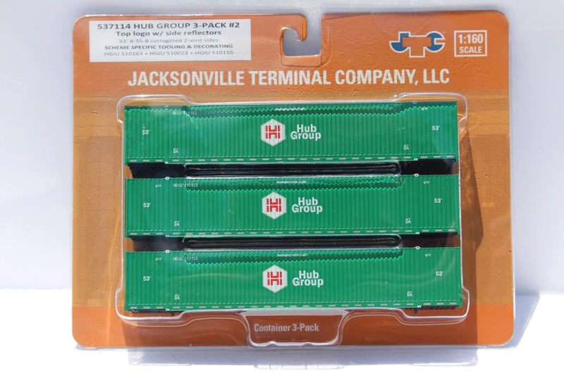 Jacksonville Terminal Company 537114 HUB GROUP with Top Logo 53' HIGH CUBE 8-55-8 (3-pack) Set # 2 corrugated containers with stackable Magnetic system. JTC # 537114, N Scale