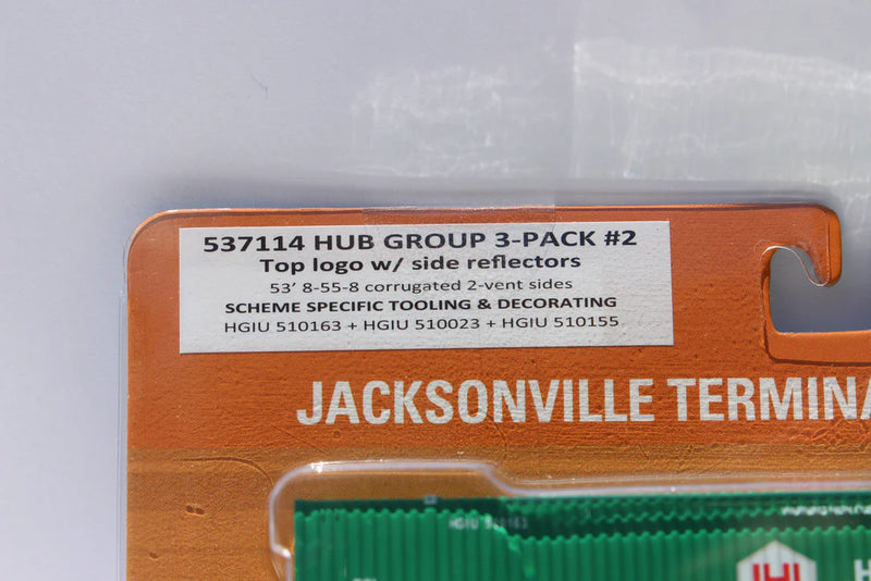 Jacksonville Terminal Company 537114 HUB GROUP with Top Logo 53' HIGH CUBE 8-55-8 (3-pack) Set # 2 corrugated containers with stackable Magnetic system. JTC # 537114, N Scale