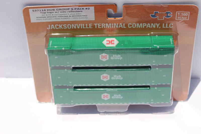 Jacksonville Terminal Company 537114 HUB GROUP with Top Logo 53' HIGH CUBE 8-55-8 (3-pack) Set # 2 corrugated containers with stackable Magnetic system. JTC # 537114, N Scale