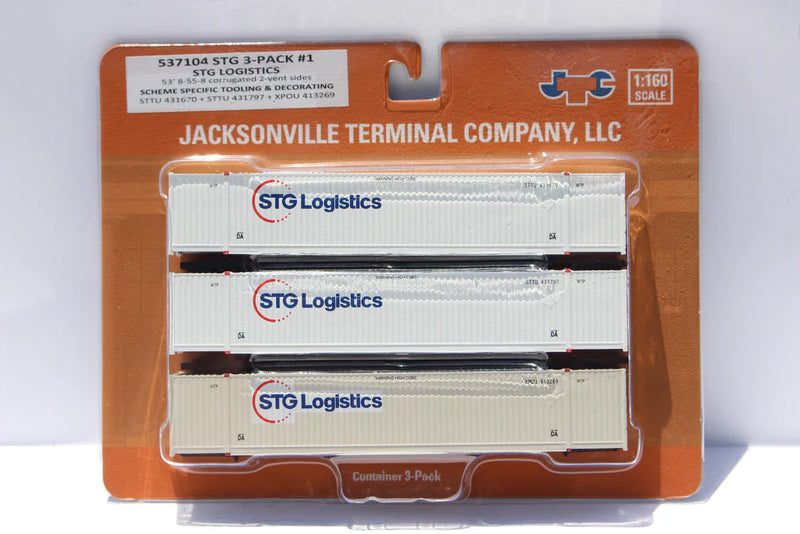 Jacksonville Terminal Company 537104 STG Logistics variety pack w/XPO patch 53' HIGH CUBE 8-55-8 Set # 1 corrugated containers. JTC # 537104, N Scale