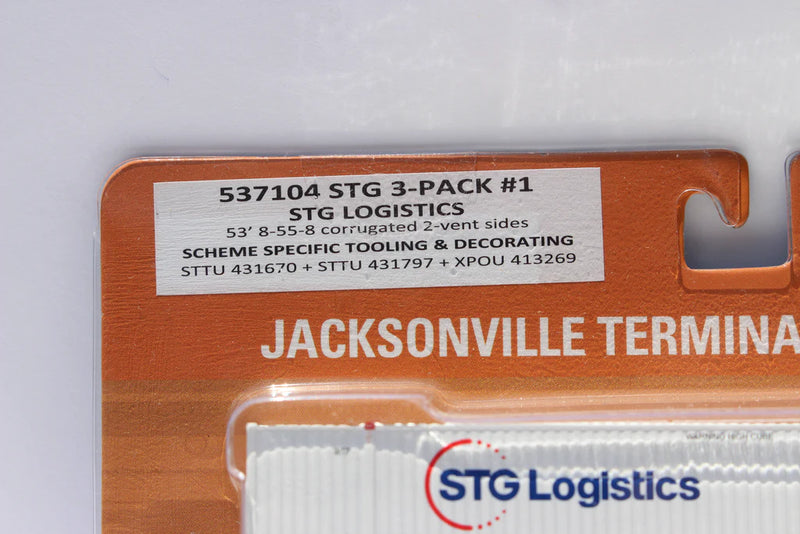 Jacksonville Terminal Company 537104 STG Logistics variety pack w/XPO patch 53' HIGH CUBE 8-55-8 Set # 1 corrugated containers. JTC # 537104, N Scale