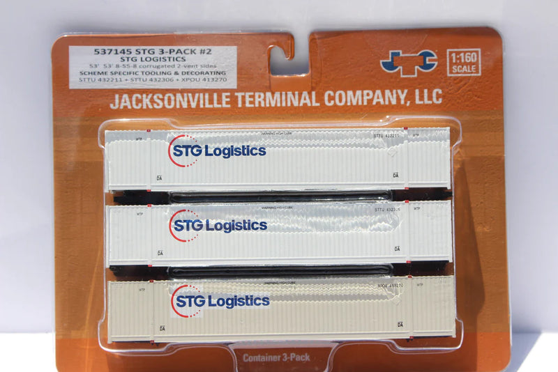 Jacksonville Terminal Company 537145 STG Logistics variety pack w/XPO patch 53' HIGH CUBE 8-55-8 Set # 2 corrugated containers. JTC # 537145, N Scale