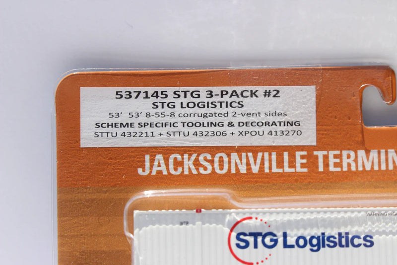 Jacksonville Terminal Company 537145 STG Logistics variety pack w/XPO patch 53' HIGH CUBE 8-55-8 Set # 2 corrugated containers. JTC # 537145, N Scale