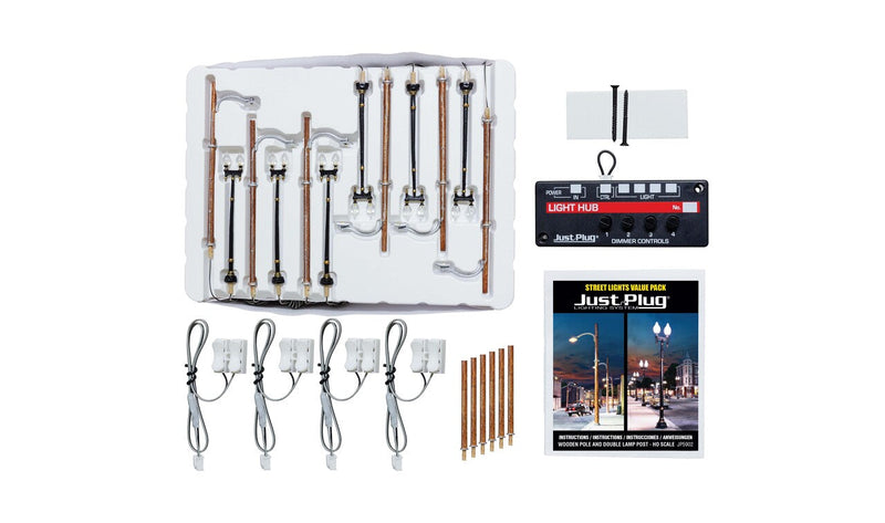 Woodland Scenics HO JP5902 Double Lamp Post & Wooden Pole Streetlight, Just Plug Value Pack, 6 of Each with Light Hub