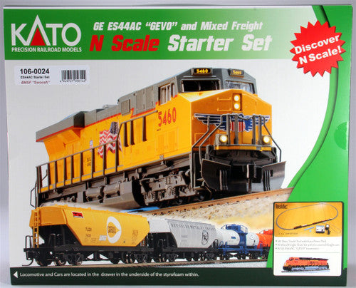 Kato N 1060024 GE ES44AC Gevo and Mixed Freight Starter Set, Burlington Northern Santa Fe