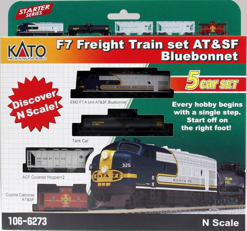 Kato N 1066273-DCC F7 Freight Train Set Without Track And Power, Santa Fe Bluebonnet (Pre-Installed DCC)