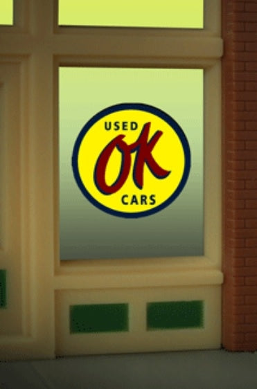 Miller Engineering HO/O 9065 OK Used Cars Window Sign, Animated Neon Style Sign Kit