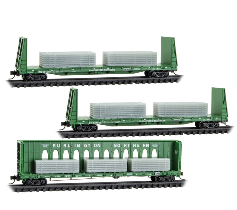 Micro-Trains N 983 02 261 60' Centerbeam & 2 61'8" Bulkhead Flatcars with Ingot Load, Burlington Northern