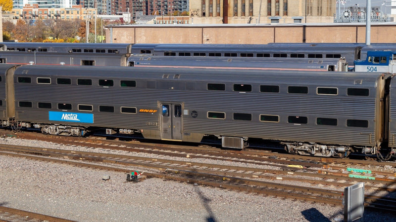 Rapido 145004 HO Budd Gallery Bi-Level Commuter Cab Coach & 2 Coach Set - Ready to Run -- Metra Set #1 (Cab #798 Coaches #773, 768, Burlington Lettering)