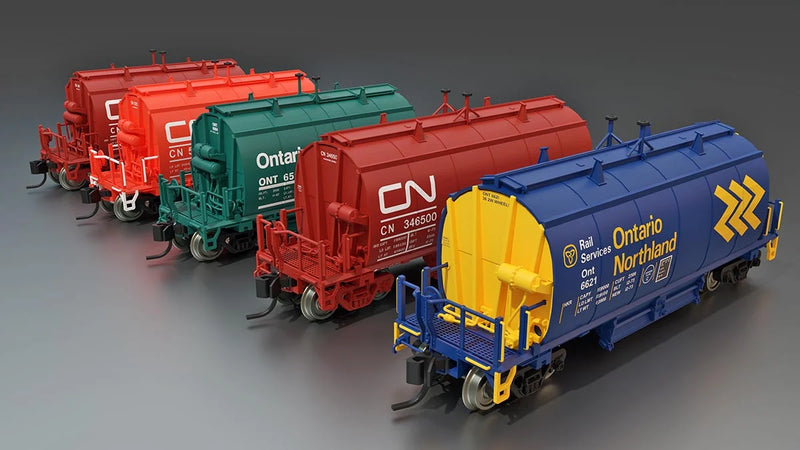 Rapido 543009 N Long Barrel Ore Hopper 6-Pack - Ready to Run -- Ontario Northland Set 2 (blue, yellow, Chevron Logo)