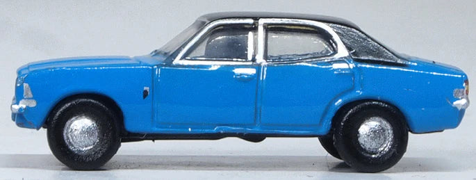 Oxford Diecast NCOR3005 1970 Ford Cortina Mark III - Assembled -- Electric Monza Blue, Black, N Scale