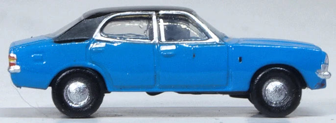 Oxford Diecast NCOR3005 1970 Ford Cortina Mark III - Assembled -- Electric Monza Blue, Black, N Scale