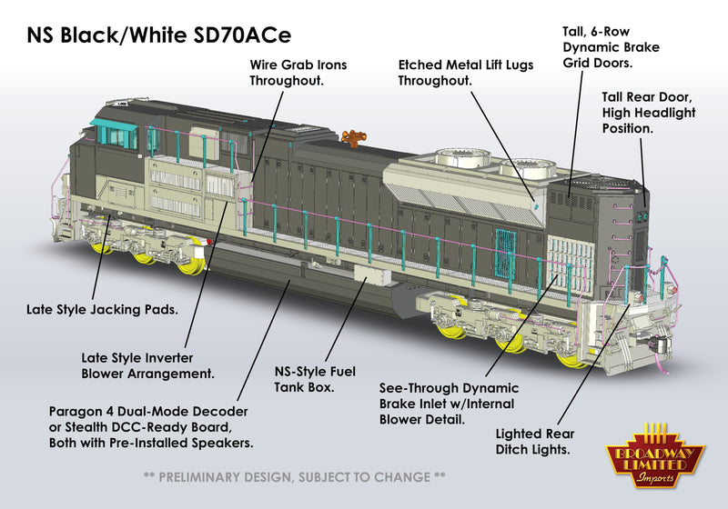 BLI 8680 EMD SD70ACe, NS 1055, Black/White, Paragon4 Sound/DC/DCC, w/ Smoke, HO