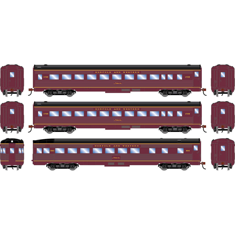 PREORDER Roundhouse HO 3534 Streamline Car Set, Norfolk & Western Coach #1725/Coach #1729//Observation #580 (3-Pack)