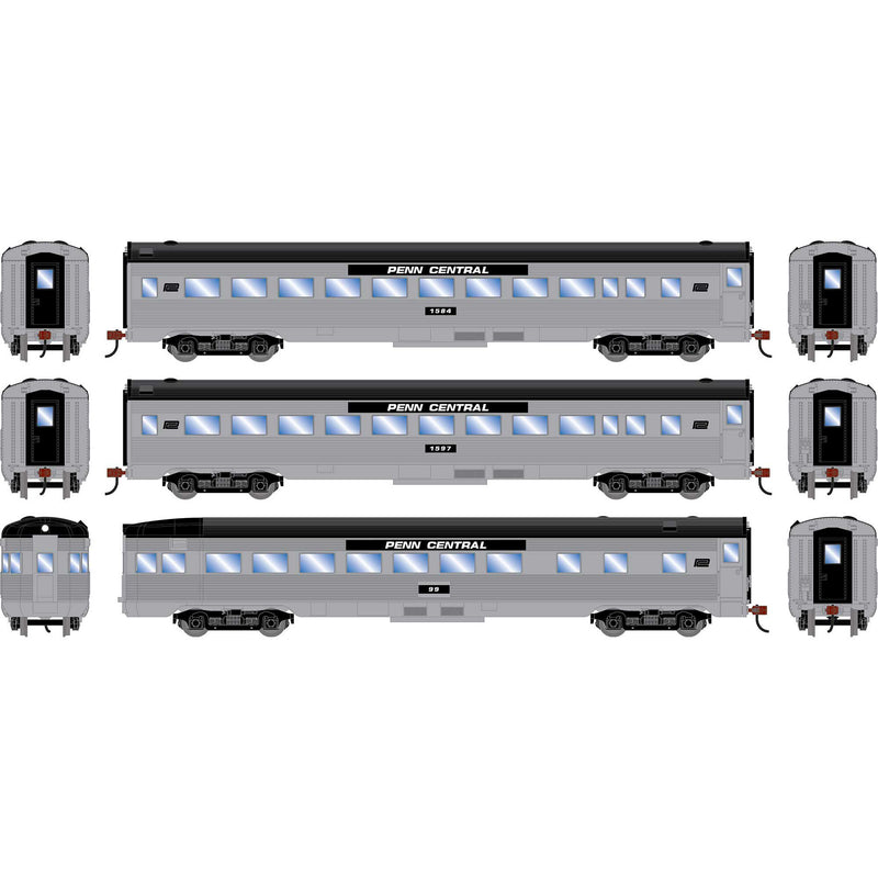 PREORDER Roundhouse HO 3542 Streamline Car Set, Penn Central Coach #1584/Coach #1597/Observation #99 (3-Pack)