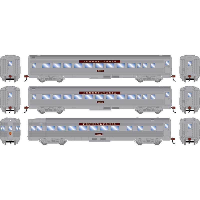 PREORDER Roundhouse HO 3546 Streamline Car Set, Pennsylvania Coach #5250/Coach #5255/Observation #3886 (3-Pack)