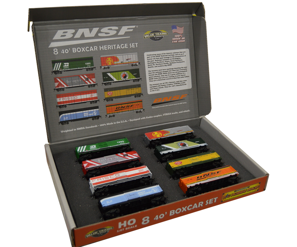 PREORDER Value Trains USA HO 40-205 40' PS-1 Boxcar Set, Burlington No