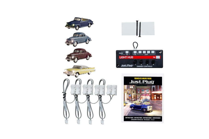 Woodland Scenics HO JP5907 Cruising Vehicles, Just Plug Value Pack, 1 Each: City Classic, Station Wagon, Cool Convertible, Fancy Fins & Light Hu