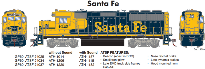 PREORDER Athearn ATH-1220 HO EMD GP60 Locomotive, Sound-Ready With Speaker, ATSF