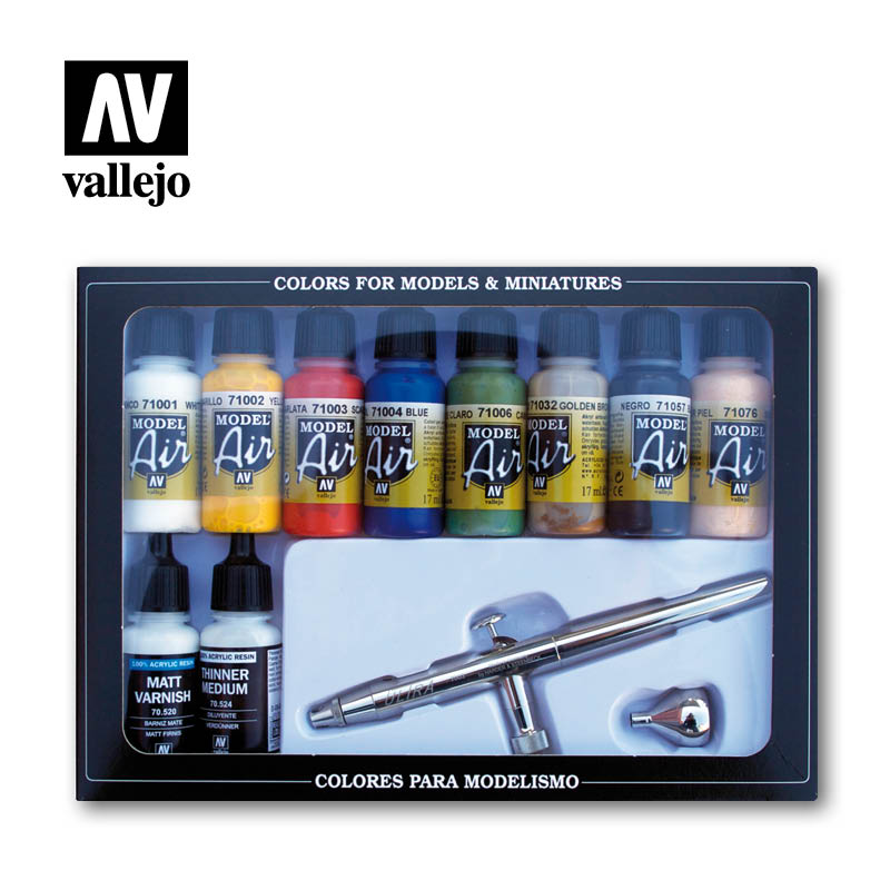 Vallejo Acrylic Paints 71167 Basic Colors & Airbrush Paint Set (10 & Airbrush)