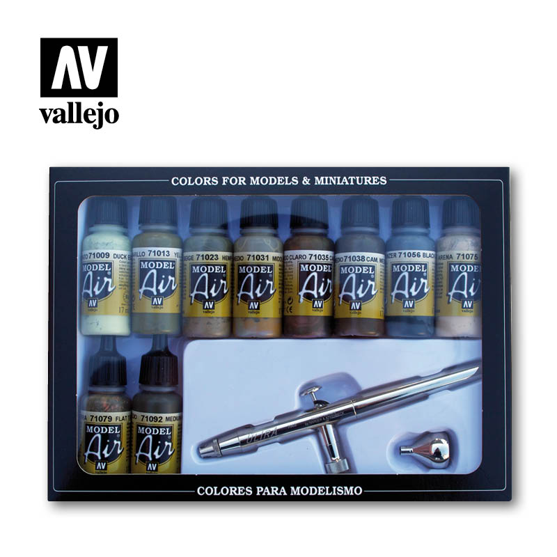 Vallejo Acrylic Paints 71168 Camouflage Colors & Airbrush Paint Set (10 & Airbrush)