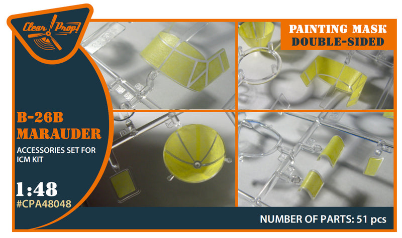 Clear Prop 1/48 B-26B Marauder double-sided painting mask on "yellow kabuki paper" for ICM kit