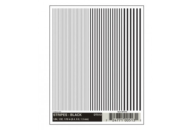 Woodland Scenics DT513 Dry Transfer Alphabet & Number Sets -- Stripes - Black 1/64, 1/32 & 1/16", All Scales