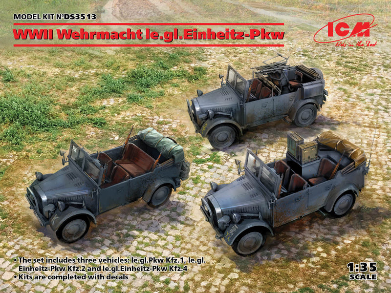 ICM 1/35 WWII Wehrmacht le.gl.Einheitz-Pkw (le.gl.Pkw Kfz.1, le.gl.Einheitz-Pkw Kfz.2, le.gl.Einheitz-Pkw Kfz.4)
