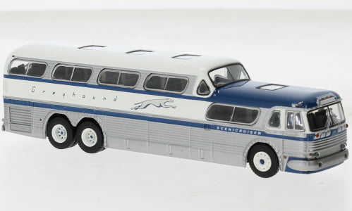 Brekina Automodelle 61300 1954-1956 GMC PD-4501 Scenicruiser Bus - Assembled -- Greyhound (As-Delivered, silver, white, blue), HO Scale