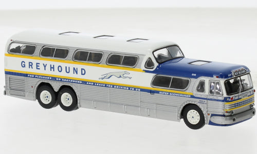 Brekina Automodelle 61301 1954-1956 GMC PD-4501 Scenicruiser Bus - Assembled -- Greyhound (silver, white, blue, yellow), HO Scale