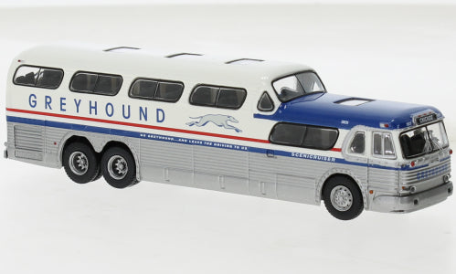 Brekina Automodelle 61302 1954-1956 GMC PD-4501 Scenicruiser Bus - Assembled -- Greyhound (1956 Scheme, silver, white, red, blue), HO Scale