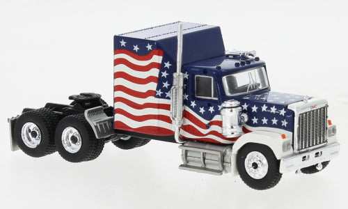 Brekina Automodelle 85780 1980 GMC General Sleeper-Cab Tractor - Assembled -- Stars & Stripes (red, white, blue), HO Scale