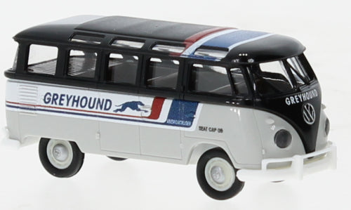 Brekina Automodelle 31850 1960-1963 Volkswagen Samba T1b Passenger Van - Assembled -- Greyhound (black, gray, red, white, blue), HO Scale