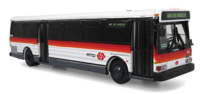 Iconic Replicas HO 870412 Grumman 870 Transit Bus, Assembled, Los Angeles RTD (white, orange, yellow, black, Destination 485 Los Angeles)