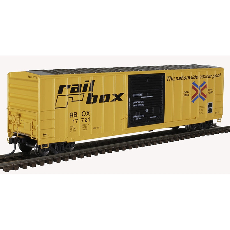 Atlas 20006216 FMC 5077 Single-Door Boxcar - Ready to Run -- Railbox 17721 (yellow, black), HO Scale