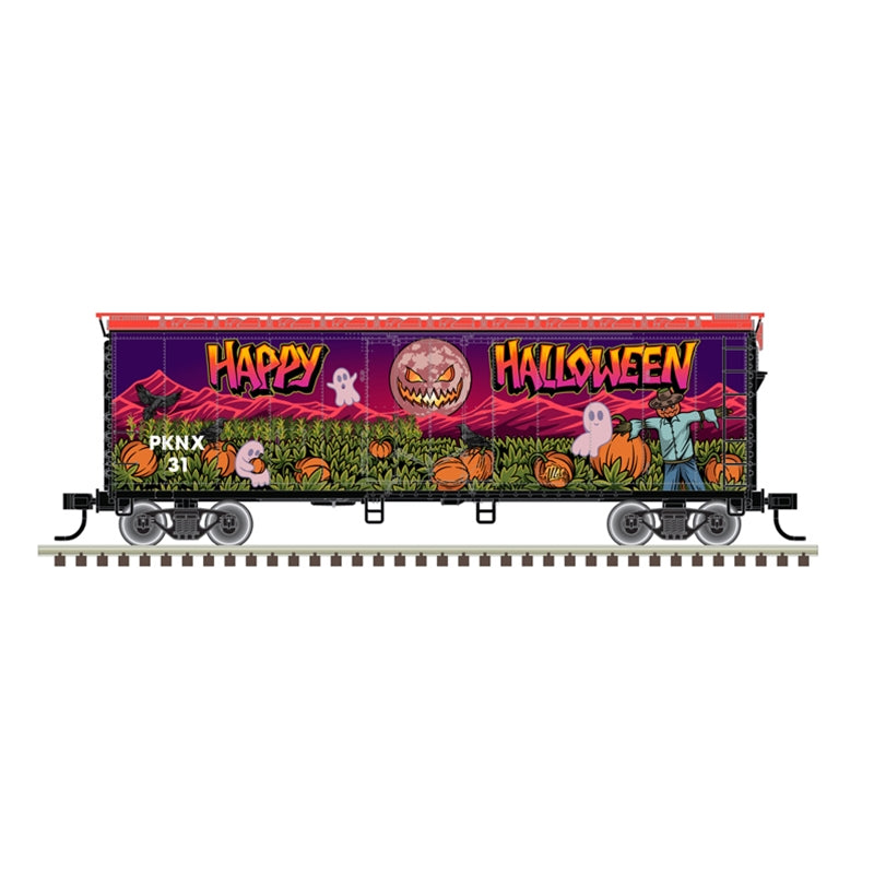 PREORDER Atlas 20007234 40' Plug-Door Boxcar - Ready to Run -- Halloween (red, black, purple green, Halloween Graphics), HO