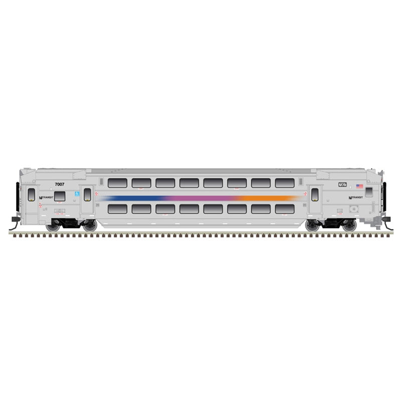 PREORDER Atlas 20007403 Multi-Level Commuter Cab Car & Coach/Toilet Coach Set - Ready to Run -- NJ Transit Cab #7041, Coach #7631, 7228 (silver, magenta, orange, blue), HO