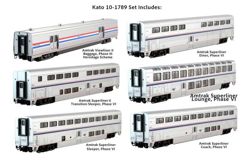 Kato USA 10-1789 Viewliner Baggage & 5 Superliner Car Bookcase Set -- Amtrak (Phase VI; silver, blue, red), N Scale