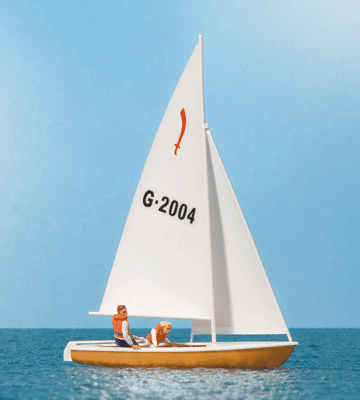 Preiser HO 10681 Korsar Sailboat with 4 Sailors, Sails Up (white, red, blue)