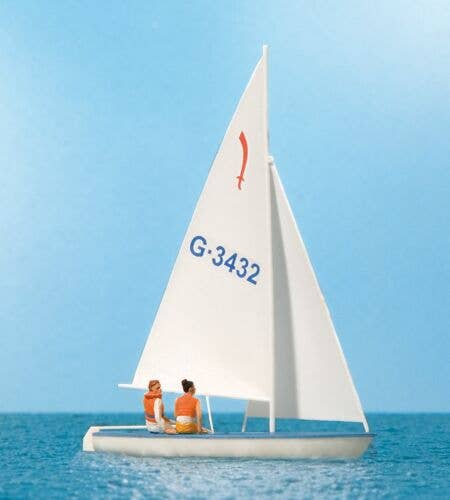 Preiser HO 10676 Korsar Sailboat with Sailor, Sails Up (white, red, blue)