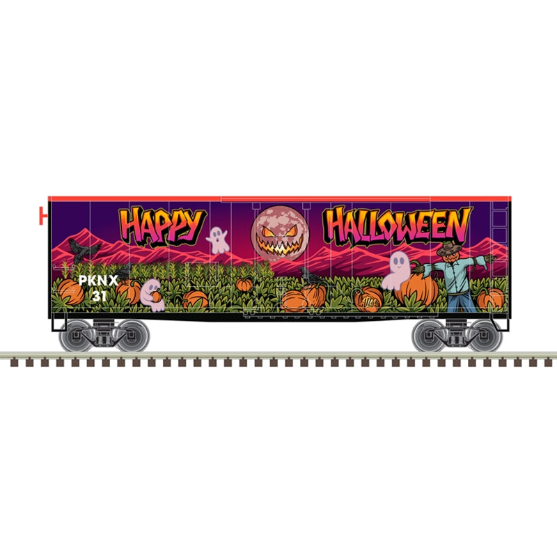 Atlas 50006480 40' Plug-Door Boxcar - Ready to Run -- Halloween (red, black, purple green, Halloween Graphics), N