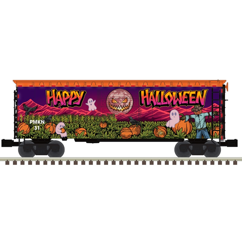 PREORDER Atlas 3001437 40' PS-1 Boxcar with 7' Door - 3-Rail - Ready to Run - Lighting Effects -- Happy Halloween (purple, orange, green), O