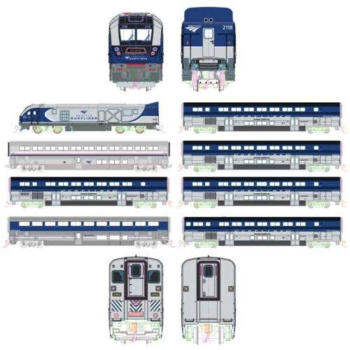 Kato N 106-9010 Pacific Surfliner Train-Only Set, Standard DC, Amtrak SC-44 5 Surfliner & 2 Superliner Coaches (6 blue, silver; 1 Amtrak P